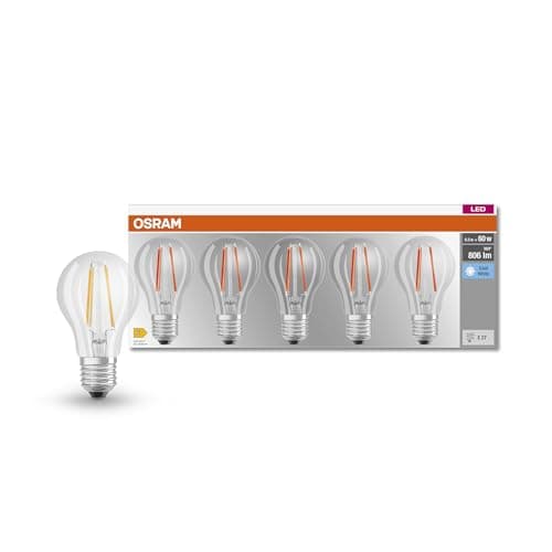 Image of OSRAM LED BASE Classic A60, clear glass filament LED lamps for E27 base, pear shape, cool white (4000K), 806 lumens, replacement for conventional 60W (7.0W) light bulbs, box of 5 [Energy Class E]