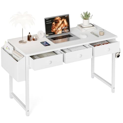 Image of Grandder Small Computer Desk with 3 Fabric Drawers, 100 x 40 cm Home Office Desk with Storage Bags and Drawers, Study Writing Gaming Table for Small Spaces, White