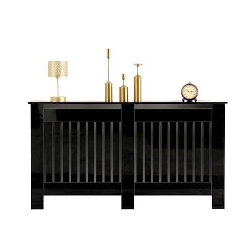 Image of FUSIDE High Gloss Black Radiator Cover Cabinet, Modern Chipboard Heating Cover with Display Top,Vertical Slat Design for Living Room Bedroom Hallway (L(L151.5 x W19 x H85 cm))