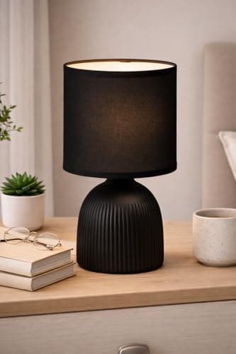 Image of Mini Ribbed Bedside Lamp,Modern Table Light with Textured Ribbed Base, Small Nightstand Lamp for Bedroom, Desk, Shelf or Living Room Décor-A61 (Black)