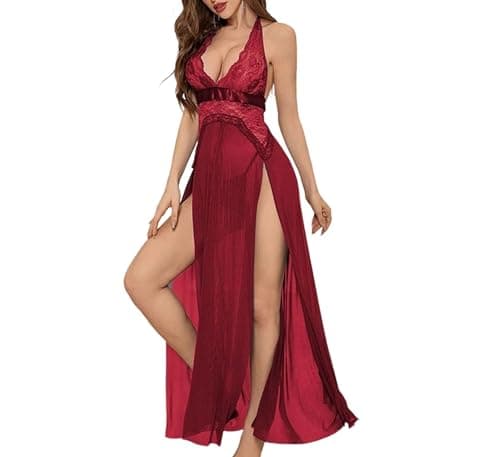 Image of Women Lace Babydoll Lingerie Nightgown Long Mesh Sleepwear Halter Deep V Split Chemise Babydoll Dark Red