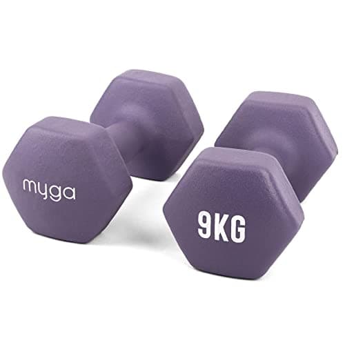 Image of MYGA Hex Dumbbells - Pair of Neoprene & Cast Iron Hexagonal Dumbbell Hand Weights for Women and Men at Home & Gym - Weight: 9 kg