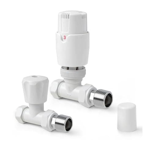 Image of White Straight Thermostatic Radiator Valves TRV Modern Radiator Valves 15mm x 1/2" (Set of 2) for Heated Towel Rails & Central Heating Radiators Radiator Valve Set