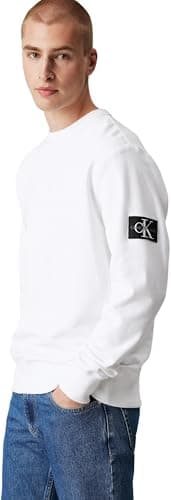 Image of Calvin Klein Men’s Crew Neck Badge Cotton Sweatshirt, White (Bright White), XXS