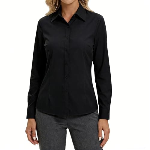 Image of Shirts for Women, Long Sleeve Regular Fit, Womens Shirt with Buttons, Ladies Basic Blouse Tops for Office Work Business Casual (UK, Alpha, L, Regular, Regular, Black)