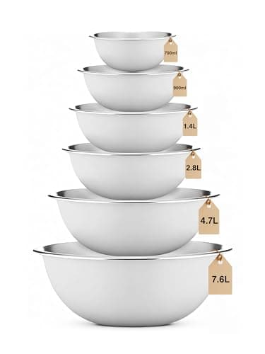 Image of LOFERMA Stainless Steel Mixing Bowls Set - 6-Piece, Easy-Grip, for Baking, Cooking, Salad & Food Prep - 700ml, 900ml, 1.4L, 2.8L, and 4.7L and 7.6L (White)