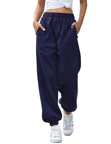 Image of Oyamiki Women Joggers High Waisted Sweatpants Sport Trousers Trendy Lounge Comfy Tracksuit Bottoms Navy Blue Pants with Pockets XL