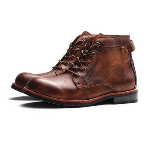 Image of XMMAX Men's Workwear Boots Retro Fashion Comfort Leather Boots Casual Versatile Motorcycle Boots Male Lace Up Shoes Zapatos (14,Brown)