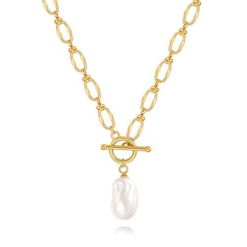 Image of KOOUNUATA Dainty 18K Gold Chunky Baroque Pearl Pendant Necklace for Women Toggle Clasp Necklace Handmade Layering Jewelry