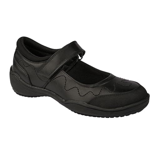 Image of Roamers Girls Leather Touch Fastening School Shoe with Mesh Lining, Black, Size 1 UK