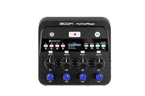 Image of ZOOM PodTrak P4next podcast recorder, 4 XLR microphone inputs, 4 headphone outputs, AI noise reduction, tone and comp effects, telephone input, sound pads, recording to SD, battery or USB power supply