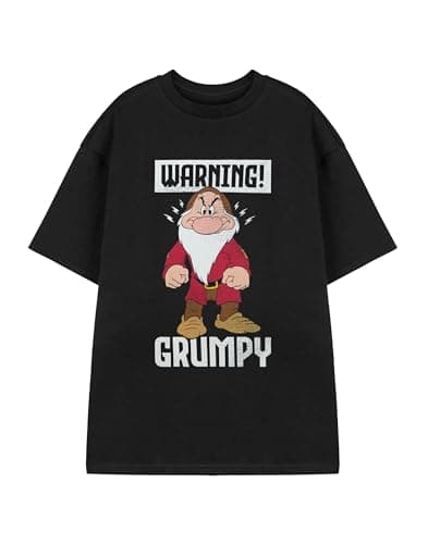 Image of Disney Snow White Men's Black Short Sleeved T-Shirt | Grumpy Warning Graphic Tee | Classic Fairytale Character Design | Novelty Top Fans Merchandise for Men