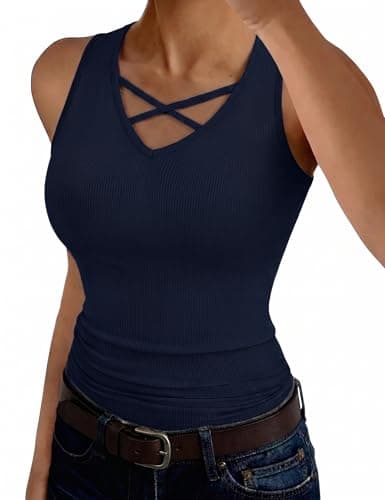 Image of Aottori Womens Tank Tops UK Ladies V Neck Summer Vest Top Sleeveless Basic Ribbed Knit Shirt Slim Fitted Plain Camisole Stretch Cross Front Casual Navy Blue L