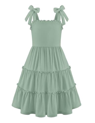 Image of Arshiner Girls Dresses Bow Tie Sundress Kids Cotton Summer Dress Sleeveless Swing Party Dress Off Shoulder Elegant Casual Dresses for Girls 9-10 Years Light Green