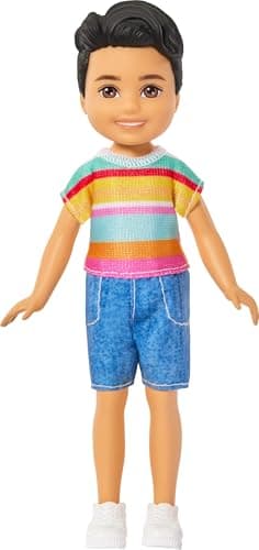 Image of Barbie Club Chelsea Koji 6-Inch Boy Small Doll with Brunette Hair Wearing Removable Striped Shirt, Shorts & Shoes, JJB36