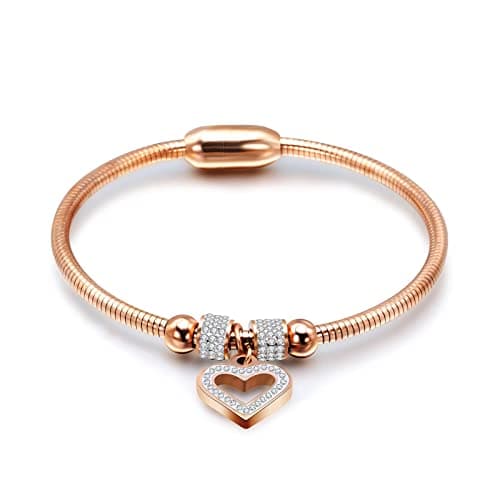 Image of KunBead Jewelry Rose Gold Heart Charm Birthday Bracelet Stainless Steel Love Bangle Cuff Jewellery Bracelets for Women