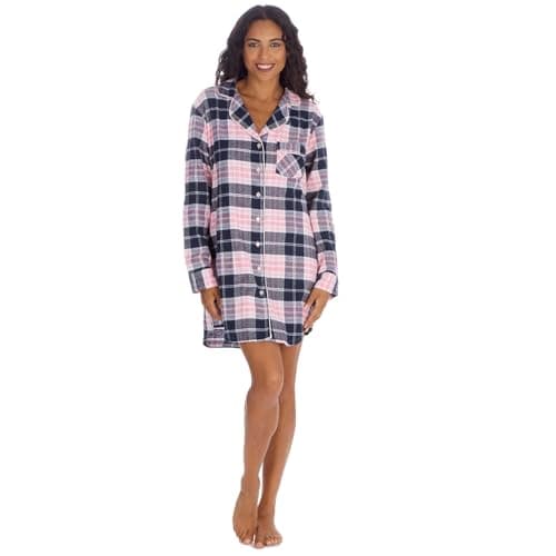 Image of Style It Up Ladies Cotton Long Sleeve Checked Nightshirt Front Pocket Warm Cosy Loungewear Idea Soft Touch Womens Nightwear Nightdress (PINK-CHECK, M)