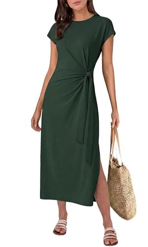 Image of GRECERELLE Women's Summer Midi Dress with Tie Waist Casual Short Sleeve A-Line Flowy Dresses for Women UK (Dark Green, L)