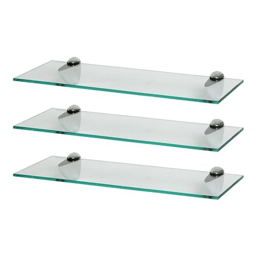 Image of Harbour Housewares Floating Glass Wall Shelves - 50cm - Pack of 3 - Shelving Storage Vanity Display Shelf Unit with Silver Brackets for Bathroom, Shower, Kitchen, Living Room