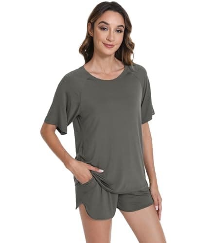Image of WiWi Pajamas for Women Short Sleeve Top with Shorts Viscose from Bamboo Pajama Set Cooling Sleepwear S-XXL, Iron grey, Medium