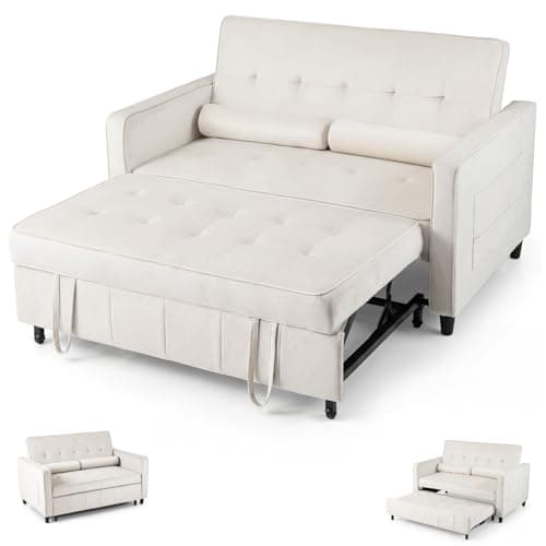 Image of COSTWAY 2-Seater Convertible Pull Out Sofa Bed, Velvet Click Clack Sofa Bed Settee with Adjustable Backrest & Pillows, Upholstered Double Reclining Sleeper Lounge Couch for Living Room Bedroom (Beige)