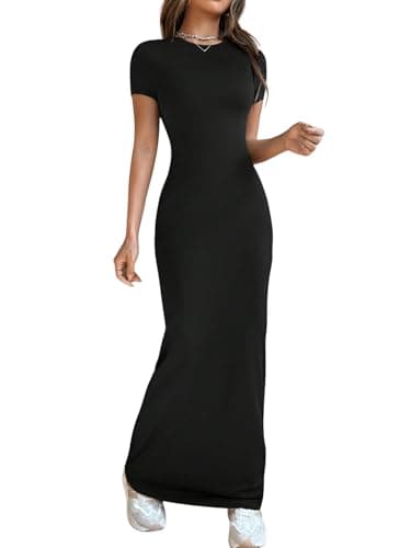 Image of SweatyRocks Women's T-Shirt Dress Short Sleeve Summer Dress Casual Dress Basic Dresses Bodycon Tight Dress Tunic Dress Long Dress, black, S