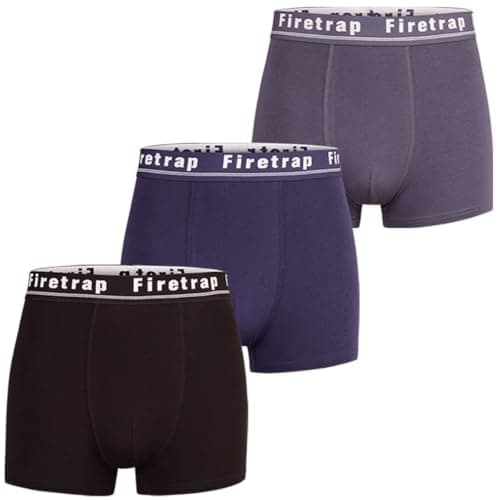 Image of Firetrap Mens 3 Pack Designer Boxer Shorts, Underwear Gift Set Trunks Comfortable Stretch Cotton Plain Colours Mens Briefs Black, Blue, Grey M