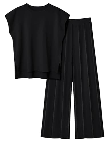Image of Veriliss Two Piece Outfits for Women Co Ord Sets Knited Sweater Set Tracksuit Pullover Tops Elastic Waisted Pants Lounge Wear(Black,S)