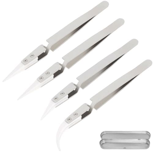 Image of ZHUROUPU 4 Pcs Reverse Tweezers, Precision Ceramic Stainless Steel ESD Tweezers Non-Conductive Heat Resistant Anti-Magnetic Pointed & Curved Tip Tweezer for Solder, Pinching Coils, Electronic (Silver)