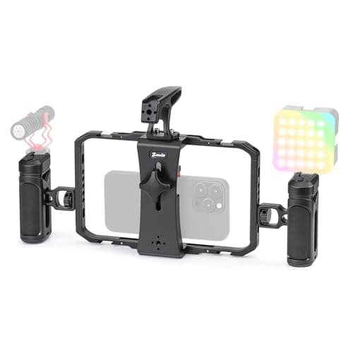 Image of Zeadio Quick Release Cell Phone Cage, Aluminum Versatile Rig Cage with Dual Handle Modes – Universal Phone Stand for Recording/Youtube/Live Streams/Tabletop Filming/Content etcCreation/Travel etc