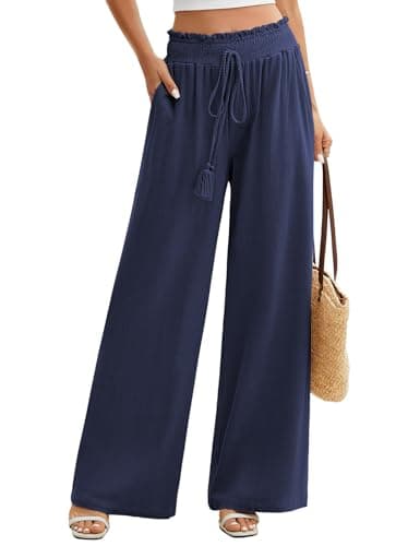Image of PASUDA Womens Cotton Linen Trousers Summer Ladies Elegant Flowy Wide Leg Pants Casual Baggy Elastic High Waist Trousers with Pockets Loose Lounge Pants (Navy Blue, L)