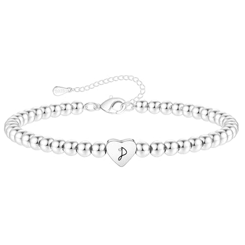 Image of Crownette S925 Silver Bead Bracelet for Women Adjustable Heart Initial Letter Bracelet Birthday Jewellery Gift (P)