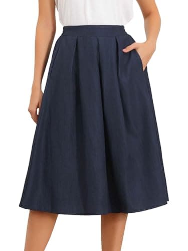 Image of Allegra K Pleated Skirts for Women High Waisted Retro A-Line Office Casual Midi Skirts Navy Blue L