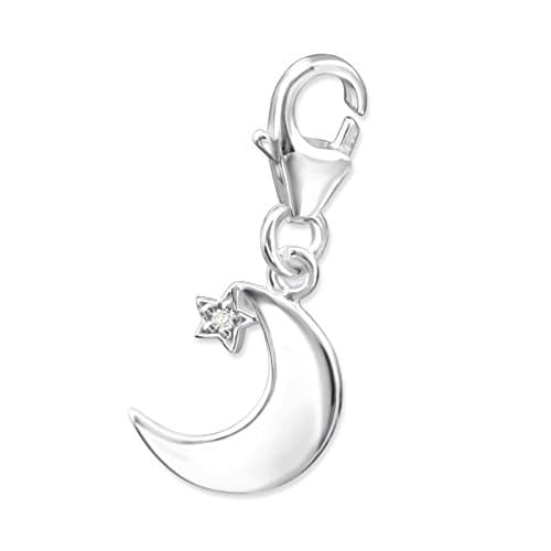 Image of The Rose & Silver Company Women 925 Sterling Silver Moon & Star Shaped Charm with Clip On Clasp
