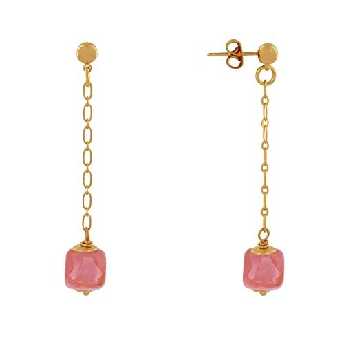 Image of LES POULETTES BIJOUX - Golden Brass Earrings Chain and Ceramic Cube - Light Red