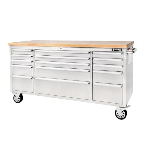 Image of Ultimate Storage Stainless Steel Tool Chest on Wheels - 72″ - 15 Drawer Roller Cabinet with Hardwood Worktop, Full Extension Lockable Drawers, Heavy-Duty Castors - W 1,830 x D 467 x H 952mm