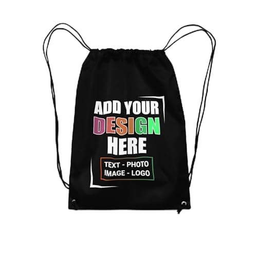 Image of Personalised Drawstring Backpack Waterproof | Customise with Any Text, Image, or Logo | Kids Swimming, School, Sports Gym Sack | 210D Polyester String Bag, Adjustable Nylon Cord, 35x45cm - Black