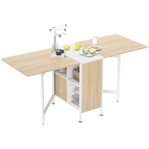 Image of HOMCOM Foldable Drop Leaf Dining Table Folding Workstation for Small Space with Storage Shelves Cubes Oak & White