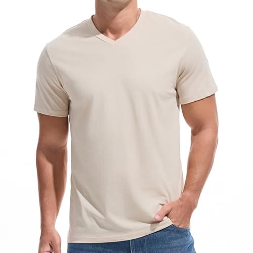 Image of VEIISAR Premium V Neck T Shirts for Men - Modern Fitted Tees Vneck Undershirts (V8 Beige M)