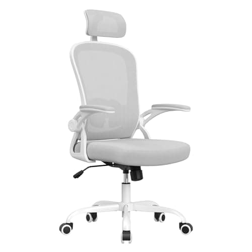 Image of Farini Mesh Office Chair, Ergonomic Computer Desk Chair with Adjustable Headrest, Lumbar Support & Flip-Up Arms - White & Gray