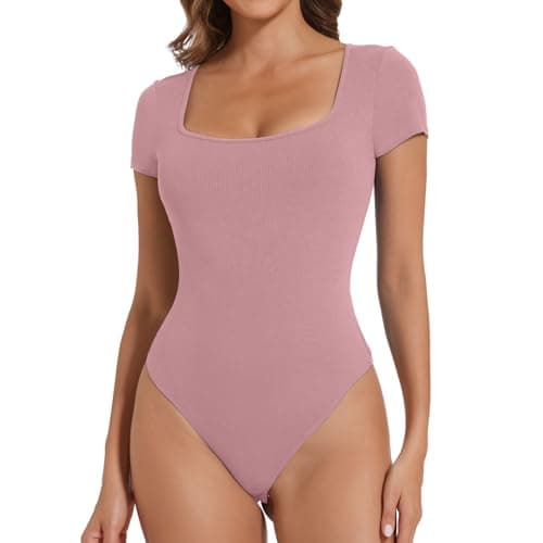 Image of Joyshaper Women Bodysuits Short Sleeve Ladies Tops Square Neck Body Suits Casual T-shirts Ribbed Solid Leotard Pink,M