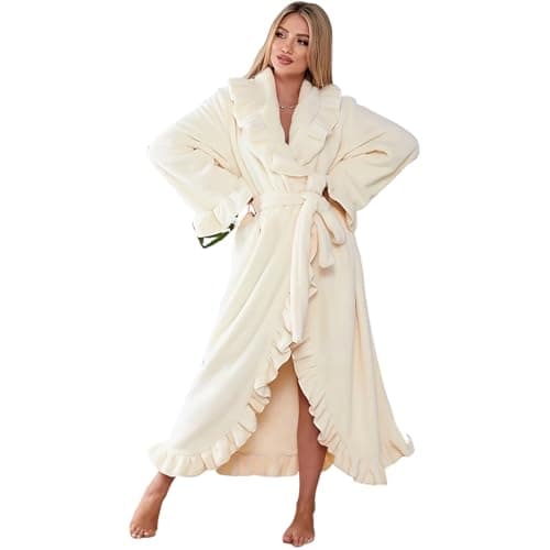Image of Surwin Extra Long Bathrobe for Men Women, Long Fluffy Dressing Gown Plus Size Winter Bath Robes Unisex Warm and Cosy Soft Plush Fleece Ladies Loungewear Robe for Shower (D336 Beige,XL)