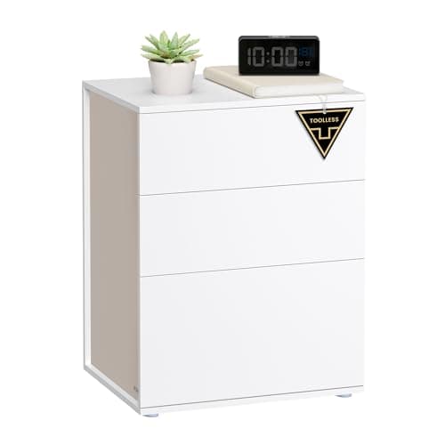 Image of Vasagle LET778W01 Bedside Table, Super Fast Tool-Free Assembly, Toolless Technology, Side Table 3 Drawers, Bedside Cabinet, Bedroom, Living Room, Matte White/Cappuccino Beige