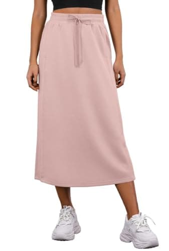 Image of PrinStory Women's Midi Skirts Summer Elasticated Waist Ladies Skirts with Pockets and Back Split (Rose Pink, M)