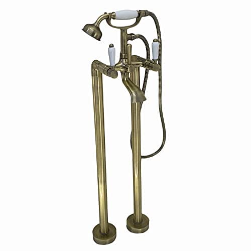 Image of ENKI, Downton, BT0809 Floorstanding Bath Shower Mixer Tap with White Ceramic Levers Antique Brass