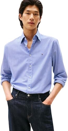 Image of Tommy Hilfiger Men’s Flex Poplin Micro Gingham Regular Fit Shirt, Multicolor (Wedge Blue/Check), L