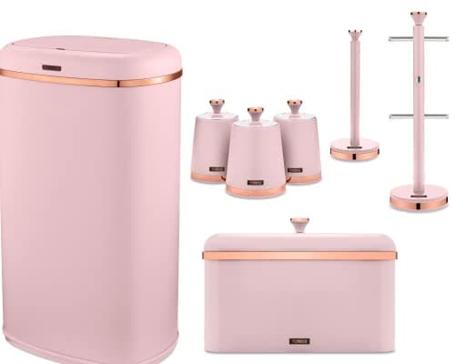 Image of Tower Cavaletto Pink & Rose Gold Kitchen Accessories Set of 7-58L Sensor Bin, Bread Bin, 3 Canisters, Mug Tree & Towel Pole. Contemporary Matching Set of 7 in Pink