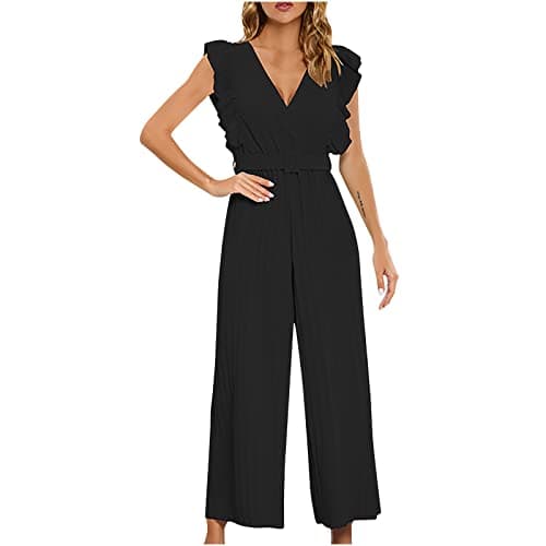 Image of Women Jumpsuit Sexy V Neck Romper Ruffle Sleeve Playsuit Solid Color Trousers Pants Belted Waist Jumpsuits Dungarees One Piece Bodysuit Ladies Office Elegant Overall for Work Party Club Wedding