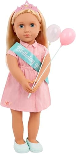 Image of Our Generation – 18-Inch Birthday Doll – Lifelike Blue Eyes & Dark – Blonde Hair – Party Dress, Sash & Balloons – Pretend Play 3+ Years – Brenna