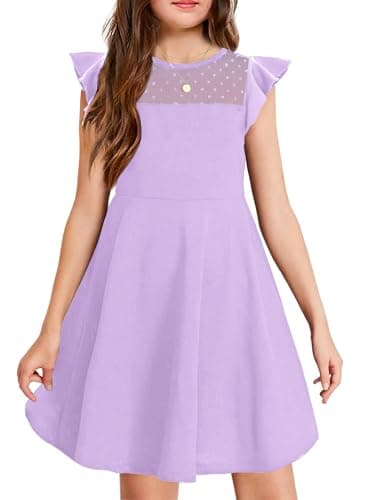 Image of Arshiner Girls Dress Summer Dress Ruffles Short Sleeves mesh A line Casual Children's Dresses Party Dresses with Pockets Purple 14-15T 165